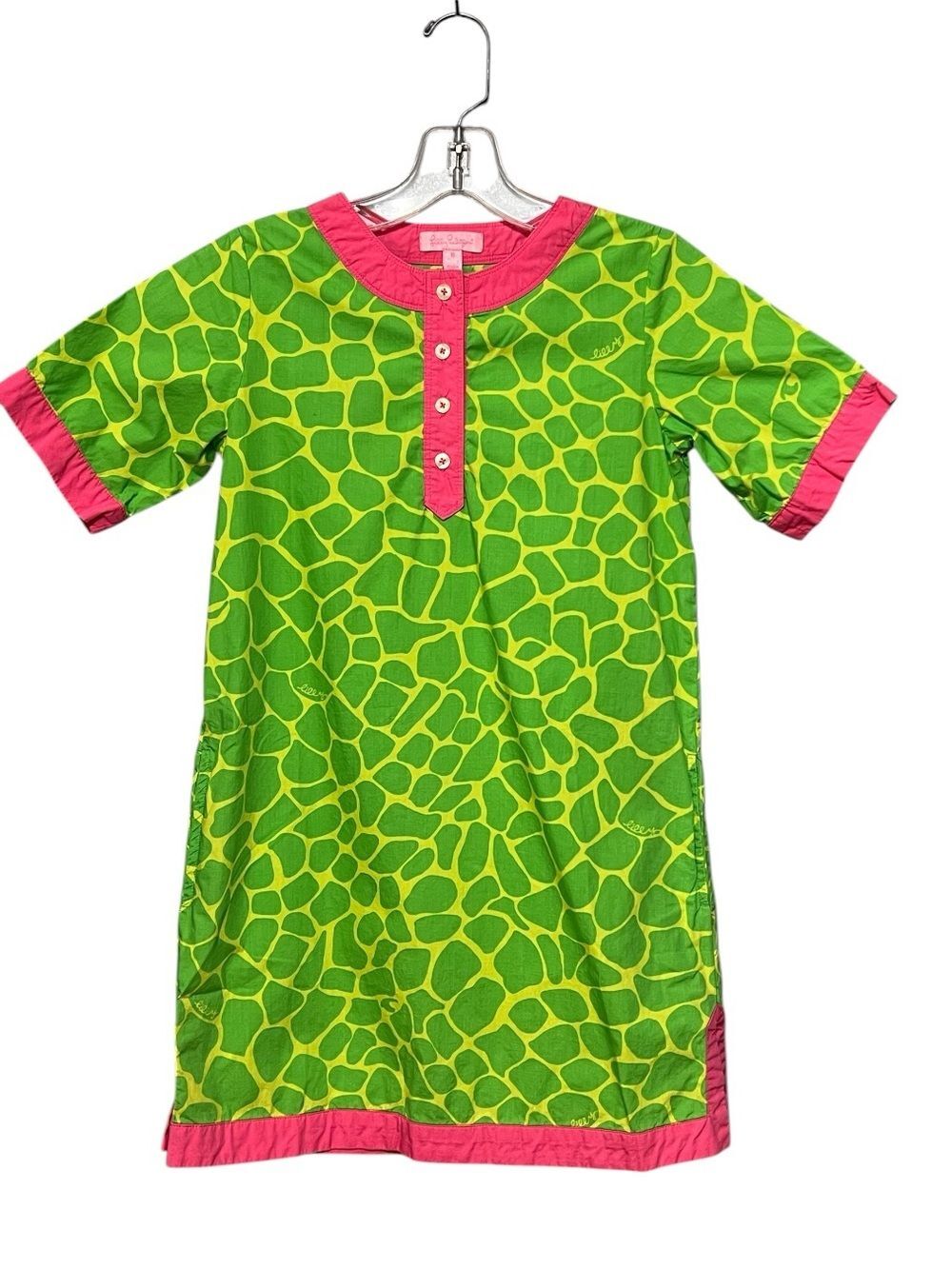 Lilly Pulitzer Girls’ Shift Dress Size 12 Green & Pink Animal Print 100% Cotton